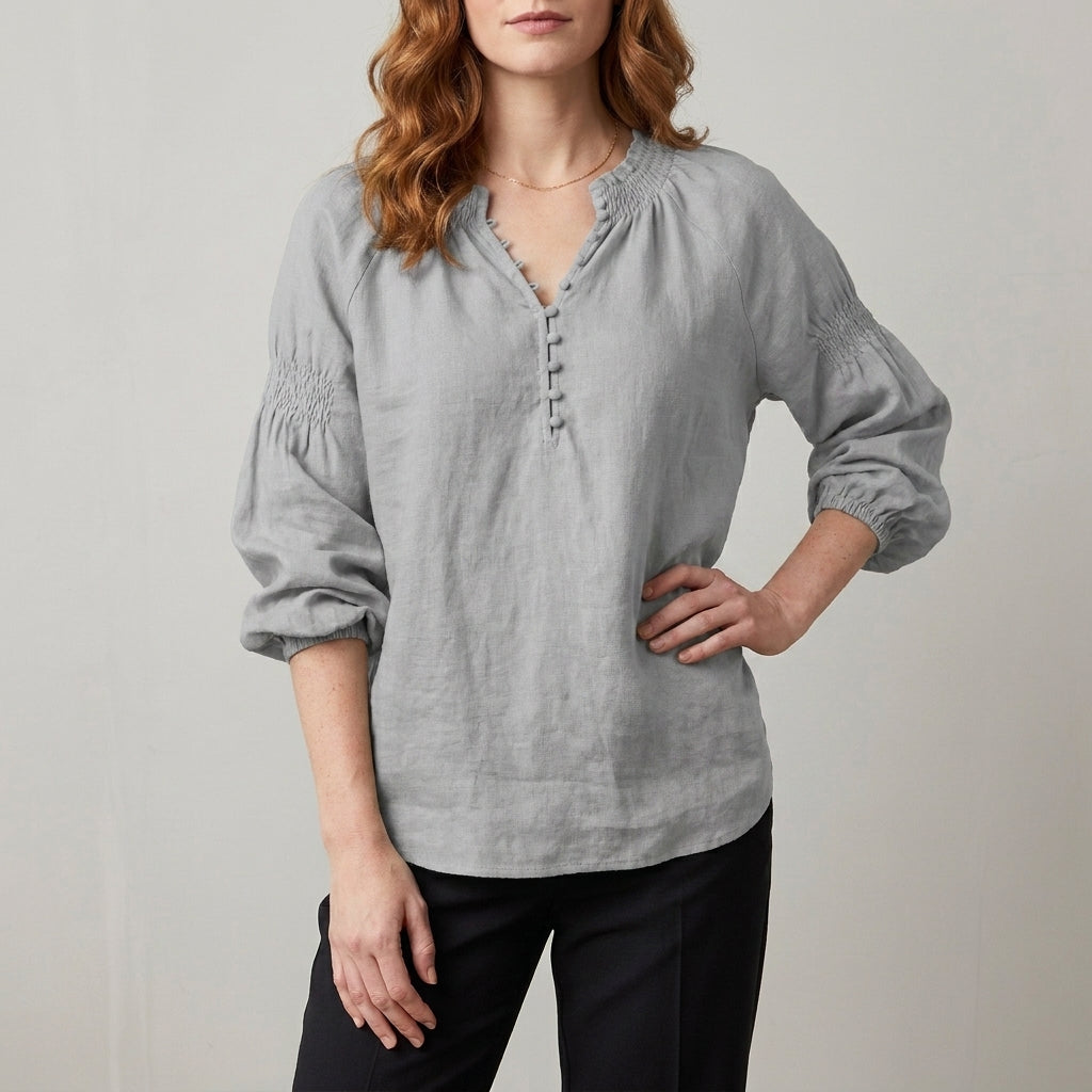 Relaxed Peasant Blouse with Gathered Neckline and Balloon Sleeves