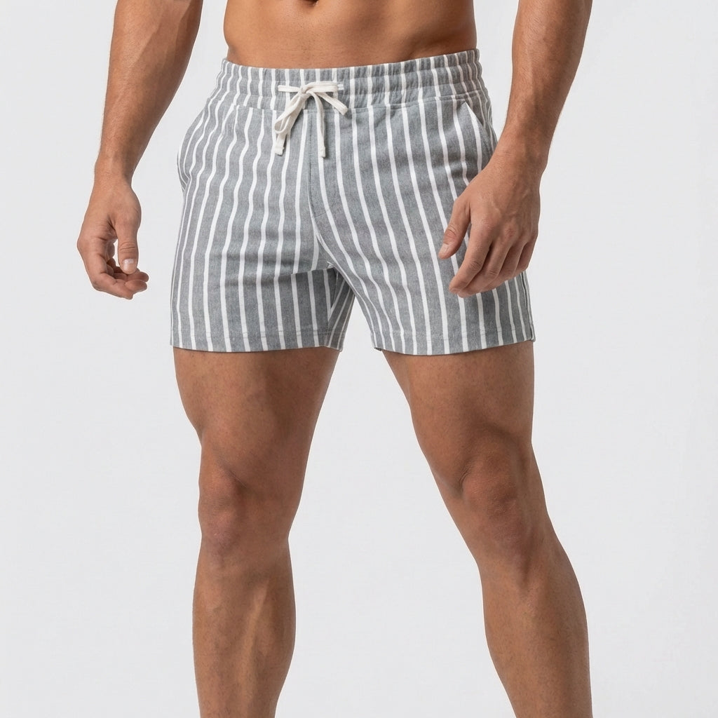 Relaxed Vertical Stripe Drawstring Shorts with Rear Patch Pocket