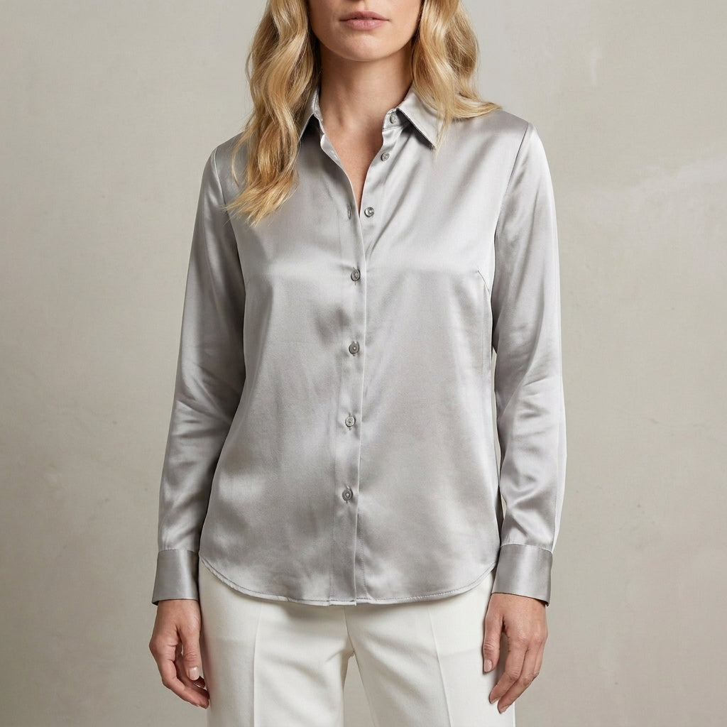 Tailored Button Front Blouse with Refined Point Collar