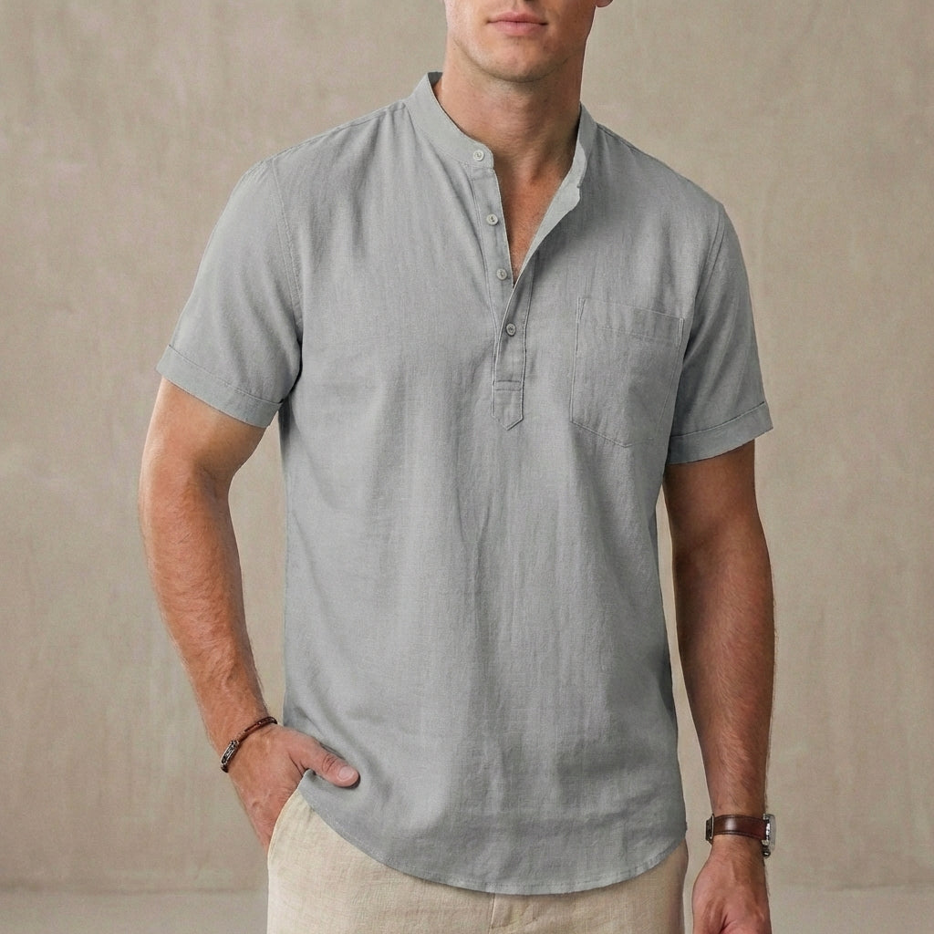 Relaxed Mandarin Collar Shirt with Button Placket and Chest Pocket