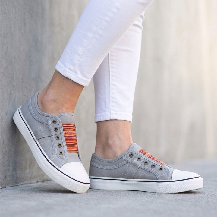 Striped Slip-On Canvas Sneakers with Contrast Toe Cap Detail