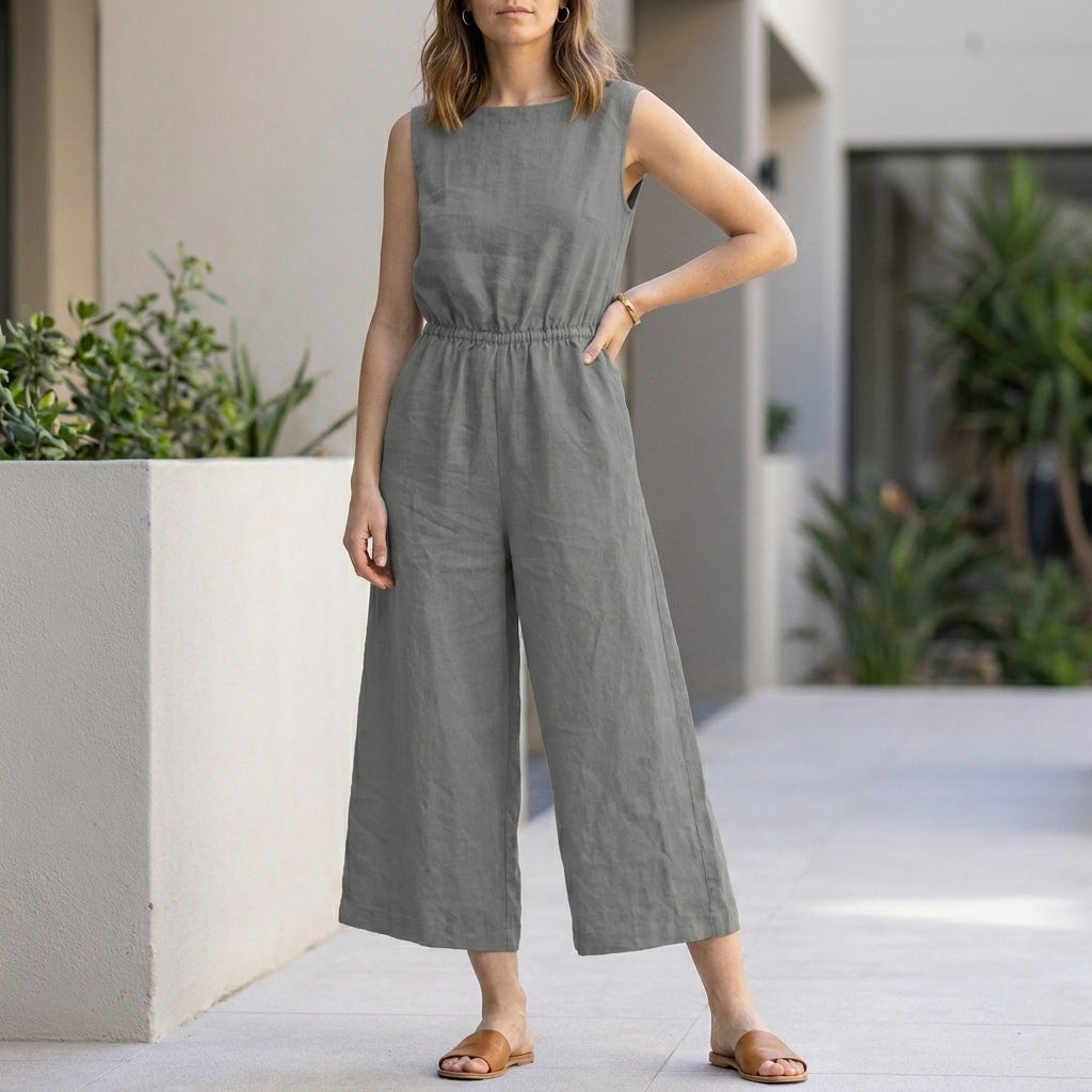 Sleeveless Wide-Leg Jumpsuit with Elastic Waist and Pockets