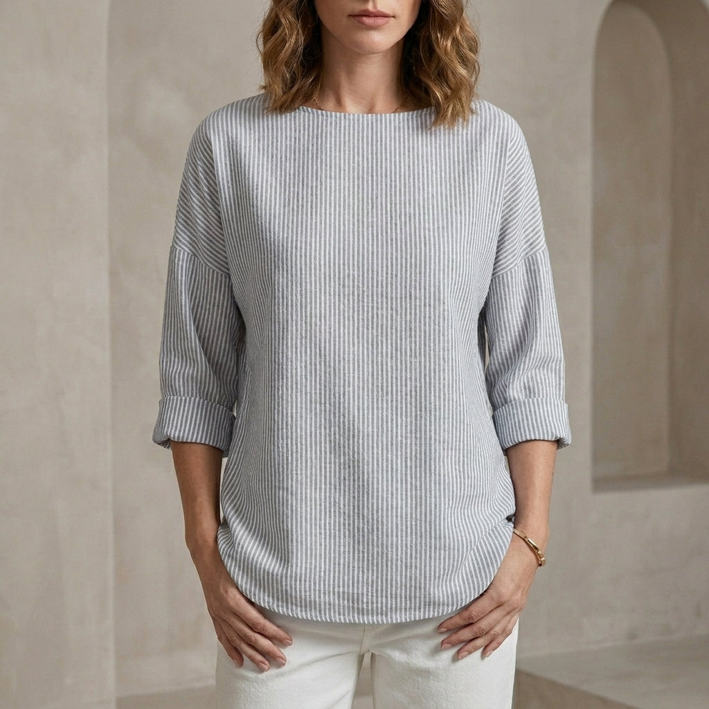 Relaxed Textured Blouse with Rolled Sleeves and Curved Hemline