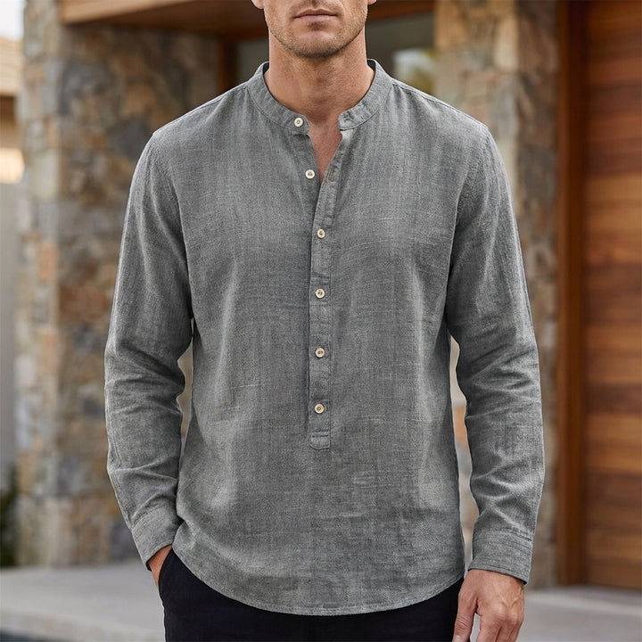 Relaxed Band Collar Linen Blend Shirt with Button Placket