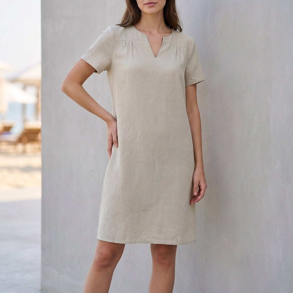 Relaxed V Neck Mini Dress with Rolled Sleeves and Curved Hem