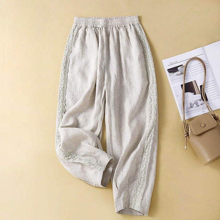 Relaxed Cropped Tapered Pants with Lace Trim