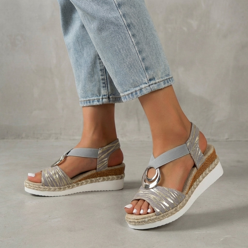 Metal Accent Slingback Wedge Sandals with Textured Cross Straps