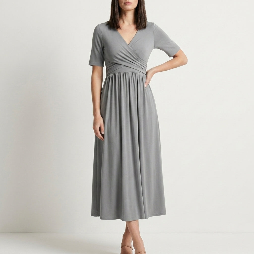 Flowing Wrap Front Midi Dress with Defined Empire Waist