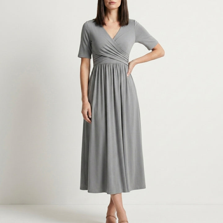 Flowing Wrap Front Midi Dress with Defined Empire Waist