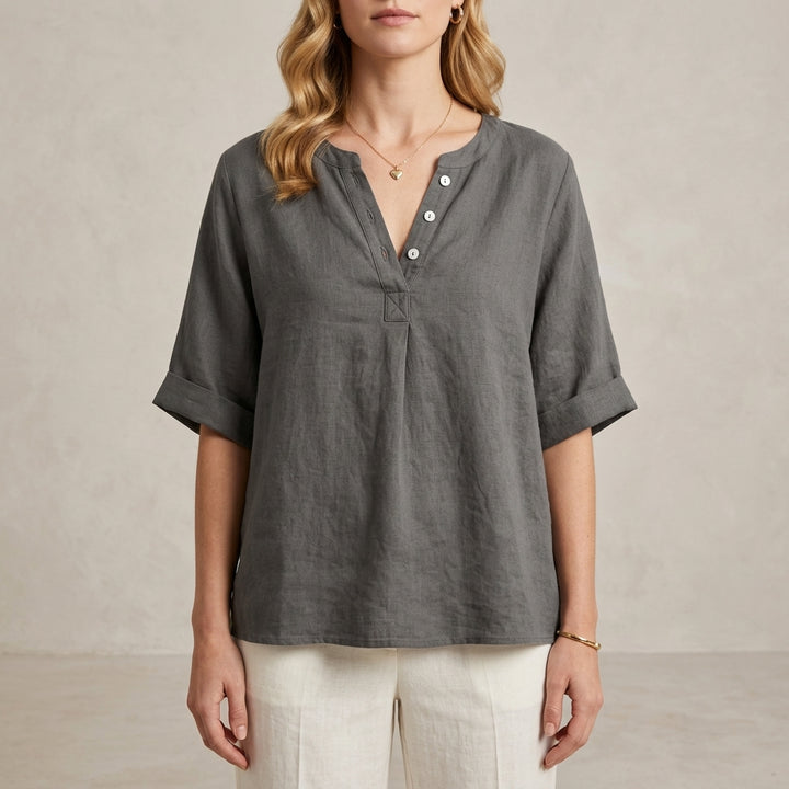 Relaxed Henley Blouse with Notched Neckline and Flowing Sleeves