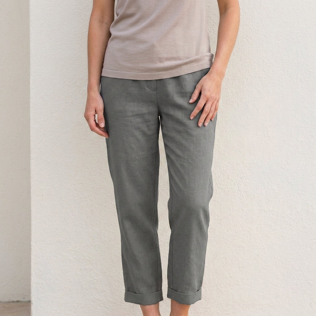 Relaxed Cropped Straight Leg Trousers with Turn Up Hem and Pockets