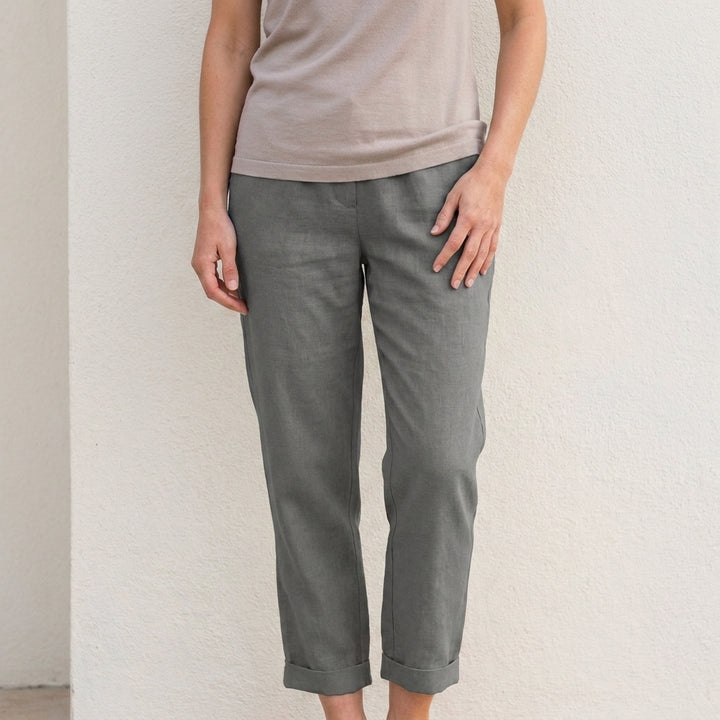 Relaxed Cropped Straight Leg Trousers with Turn Up Hem and Pockets