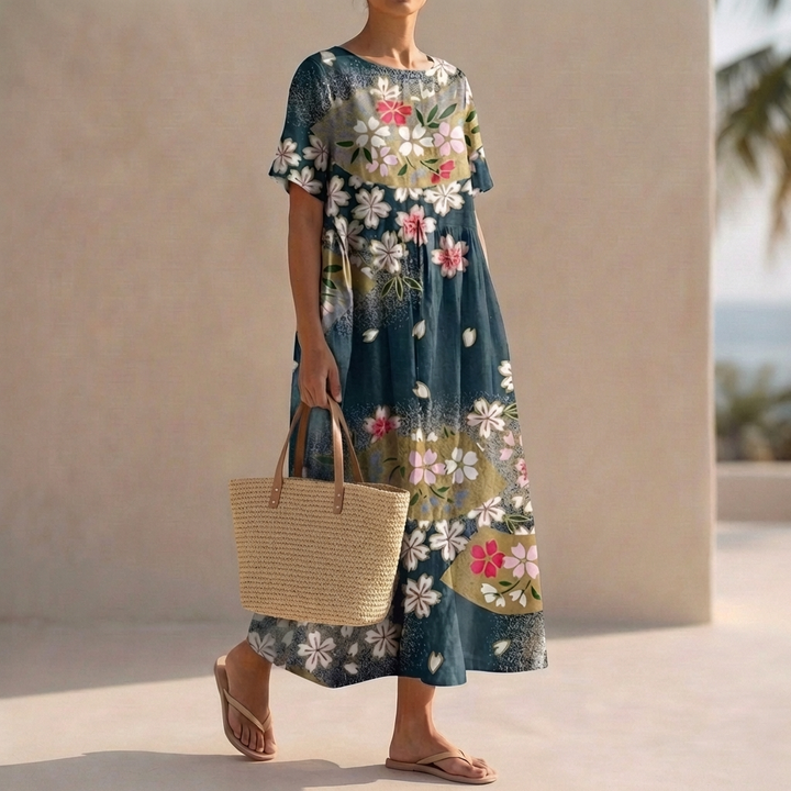 Floral Print Midi Dress with Relaxed Fit and Short Sleeves