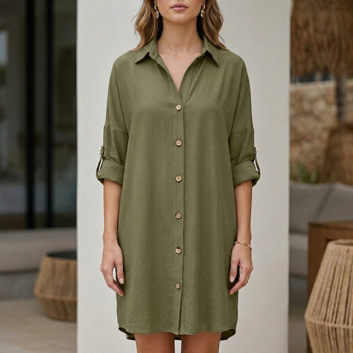 Relaxed Fit Mini Shirt Dress with Roll-Tab Sleeves