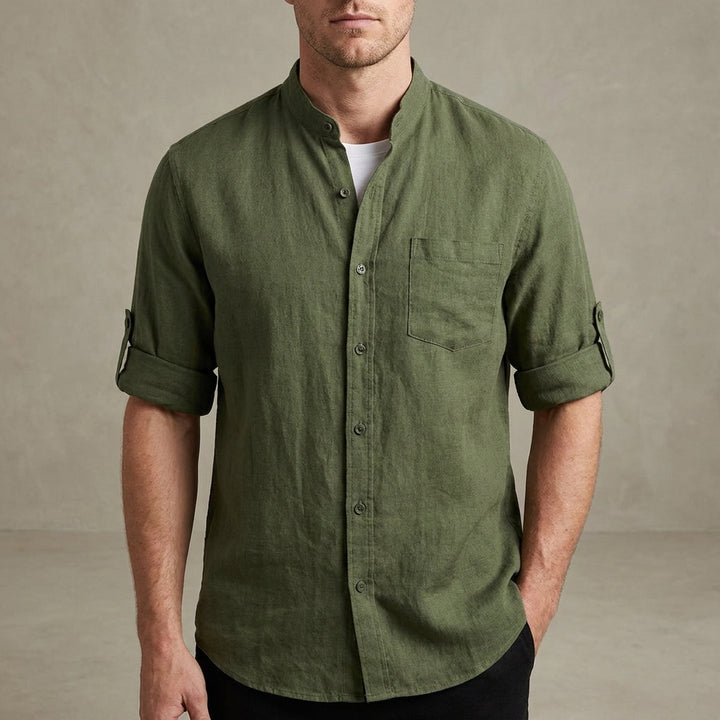 Mandarin Collar Linen Blend Shirt with Rolled Short Sleeves