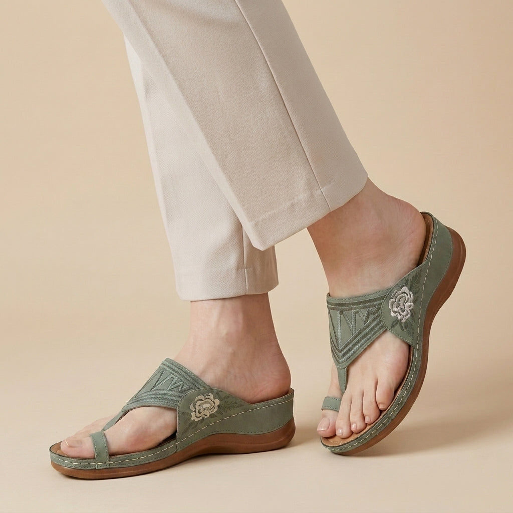 Embroidered T Strap Comfort Sandals with Supportive Wedge Sole