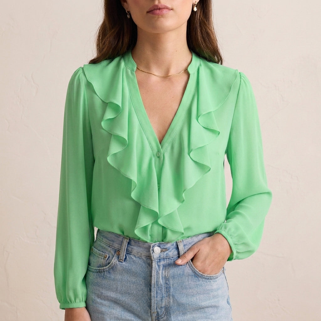 Elegant Chiffon Ruffle V-Neck Blouse with Bishop Sleeves for Smart Casual
