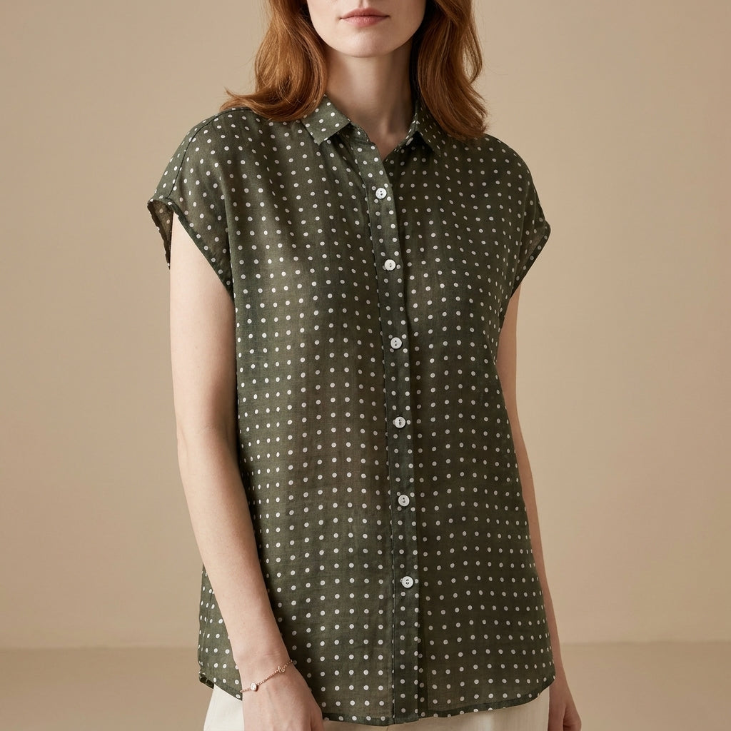 Relaxed Polka Dot Button Front Blouse with Soft Cap Sleeves