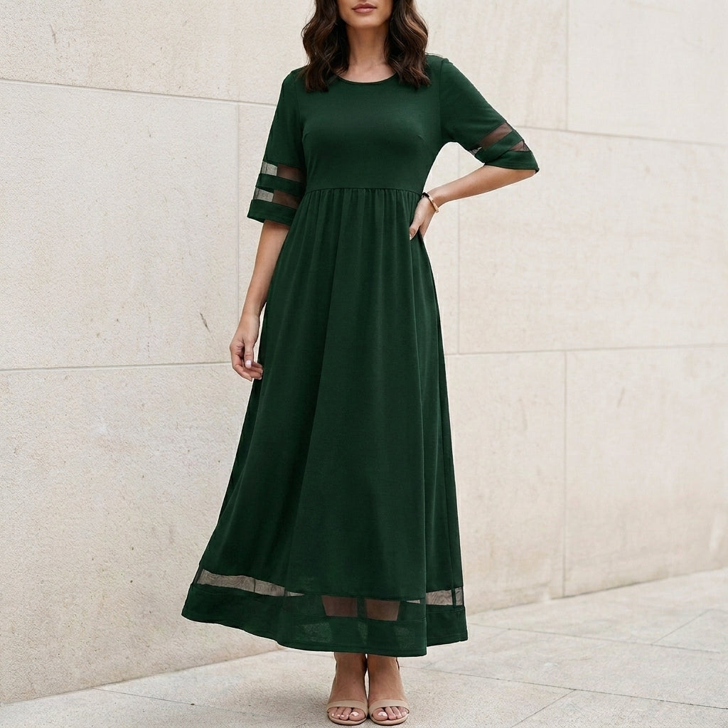 Flowing Maxi Dress with Sheer Sleeve Accents and Relaxed Fit