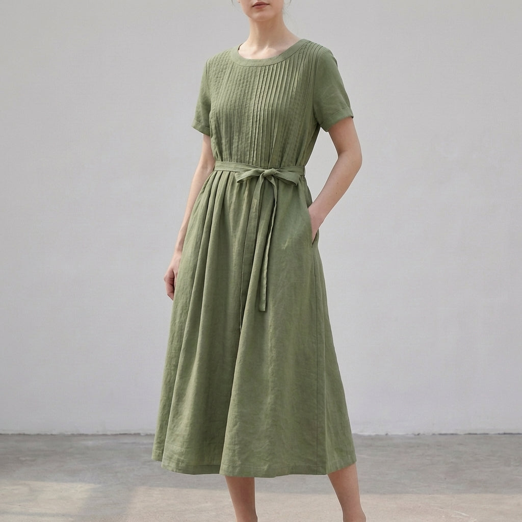 Pleated Midi Dress with Pintuck Bodice and Self-Tie Waist