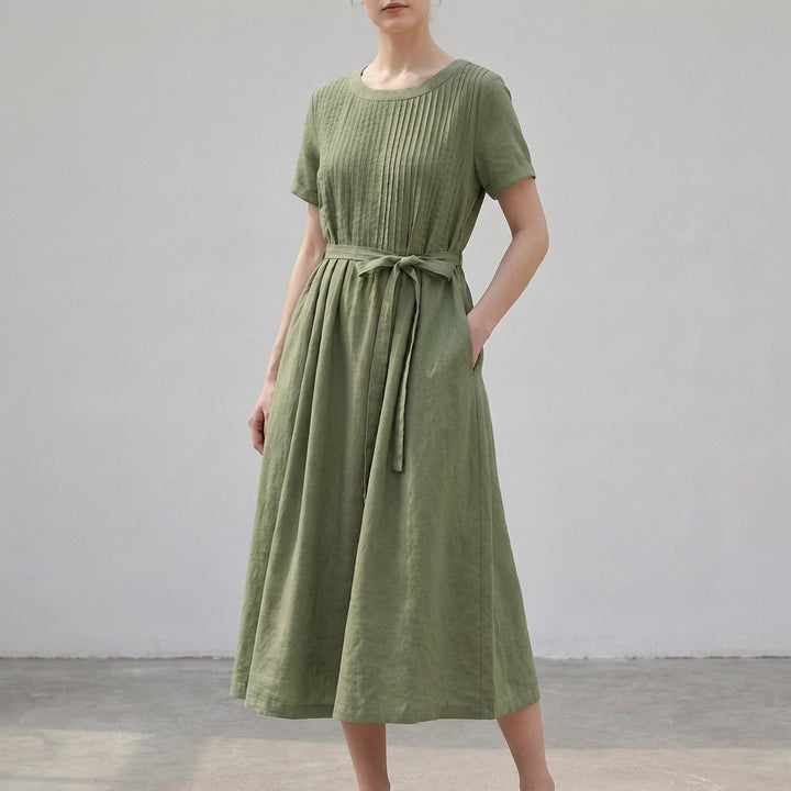 Pleated Midi Dress with Pintuck Bodice and Self-Tie Waist