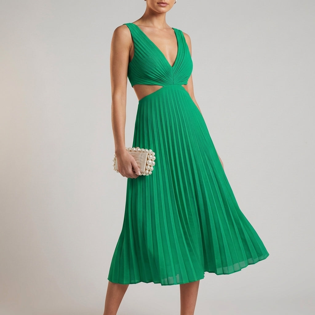 A-Line Midi Dress with Pleated Skirt and Twist-Front Bodice