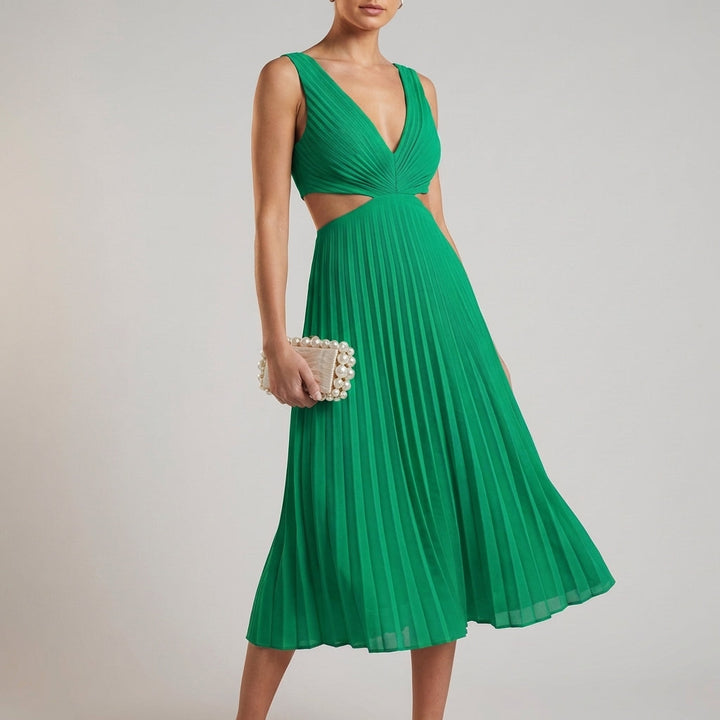 A-Line Midi Dress with Pleated Skirt and Twist-Front Bodice