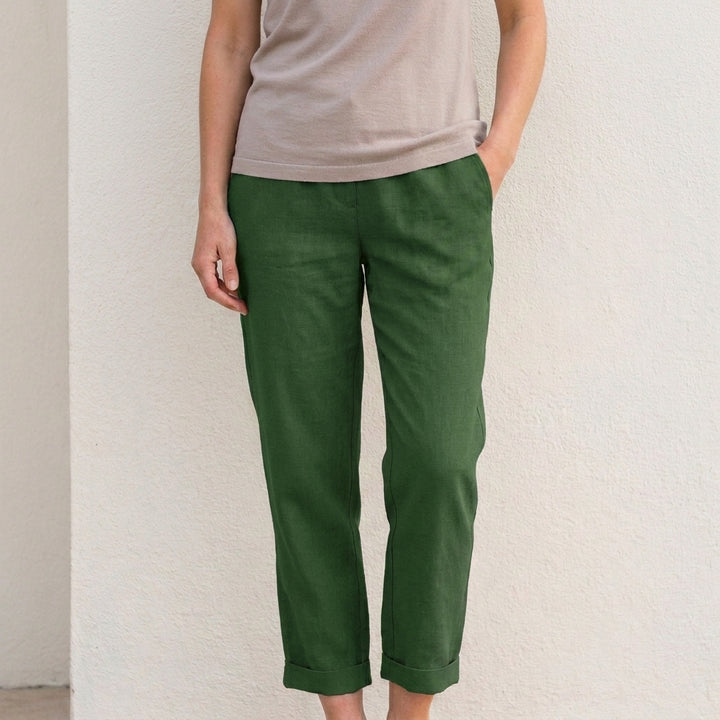 Relaxed Cropped Straight Leg Trousers with Turn Up Hem and Pockets