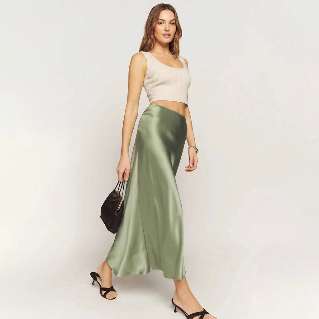 Lustrous Satin Midi Skirt with Fluid Bias Cut Silhouette