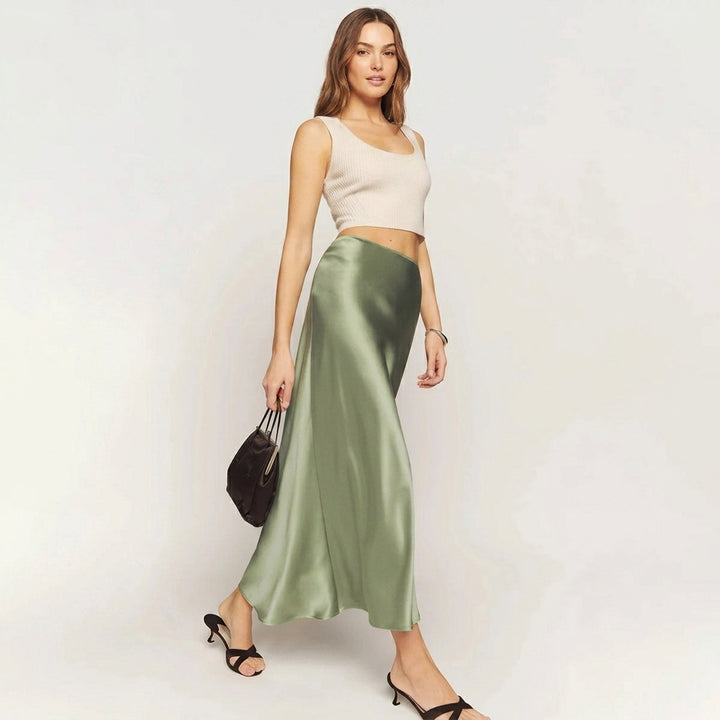 Lustrous Satin Midi Skirt with Fluid Bias Cut Silhouette