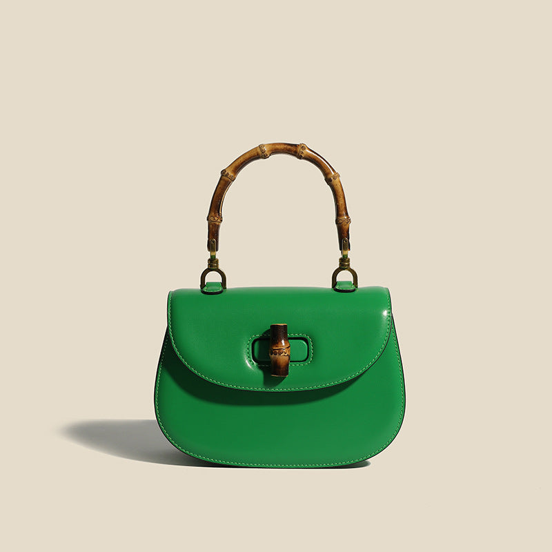 Bamboo Handle Structured Crossbody Satchel with Signature Turn Lock