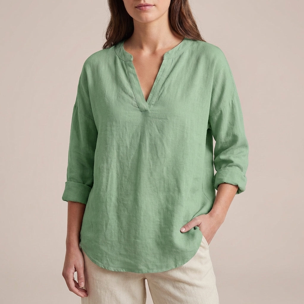 Relaxed-Fit Tunic Blouse with Split V-Neck and Curved Hem