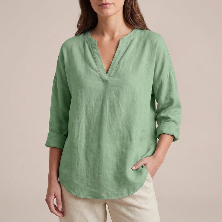 Relaxed-Fit Tunic Blouse with Split V-Neck and Curved Hem