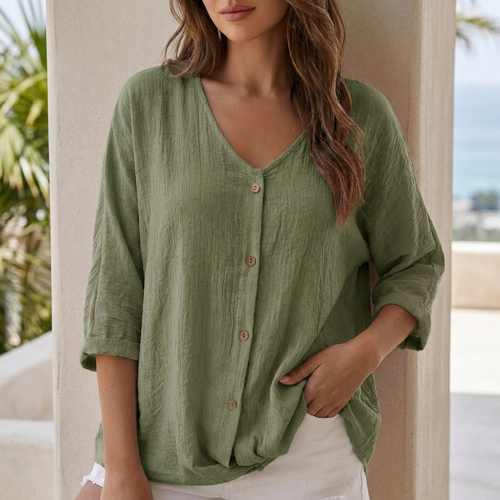 Relaxed V Neck Button Front Blouse with Rolled Sleeves