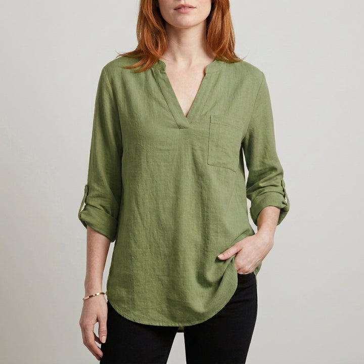 Relaxed V Neck Tunic Blouse with Roll Tab Sleeves