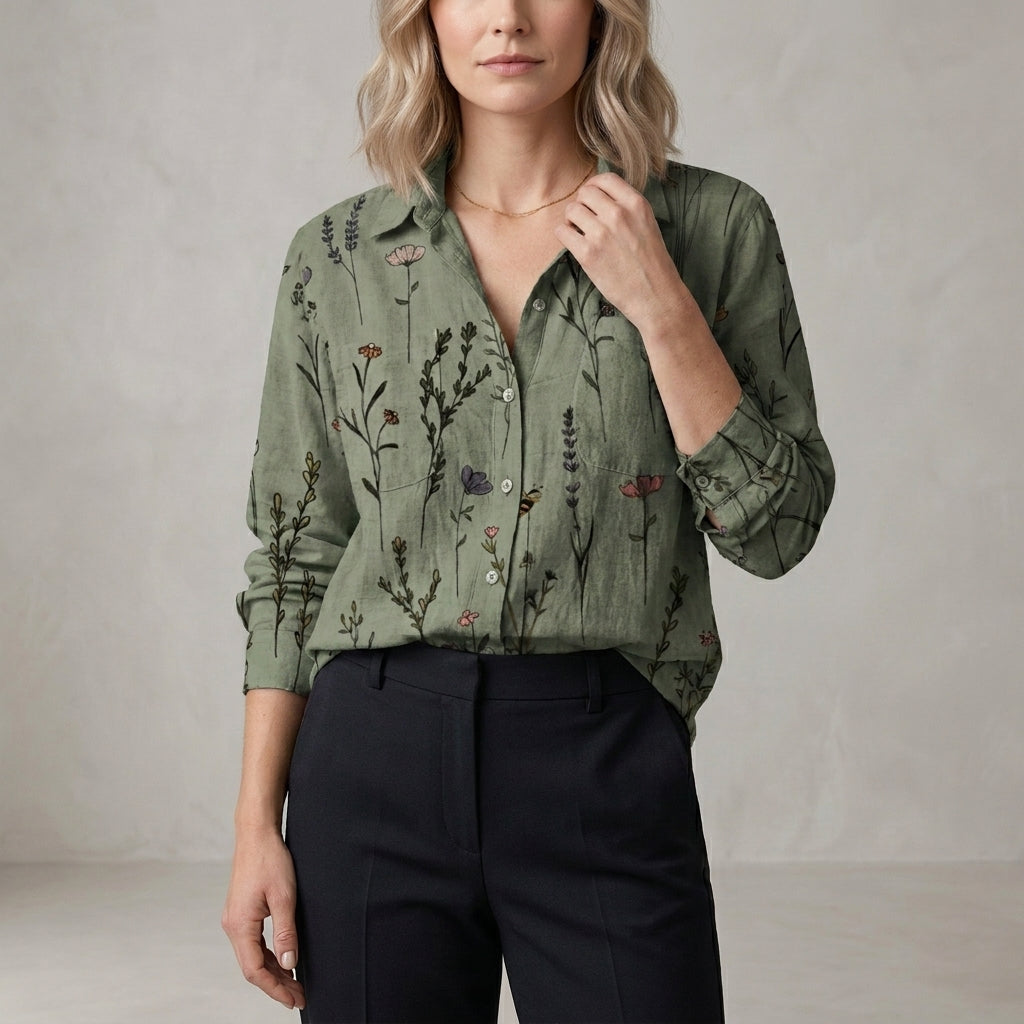 Relaxed Printed Button Front Blouse with Soft Collar and Long Sleeves