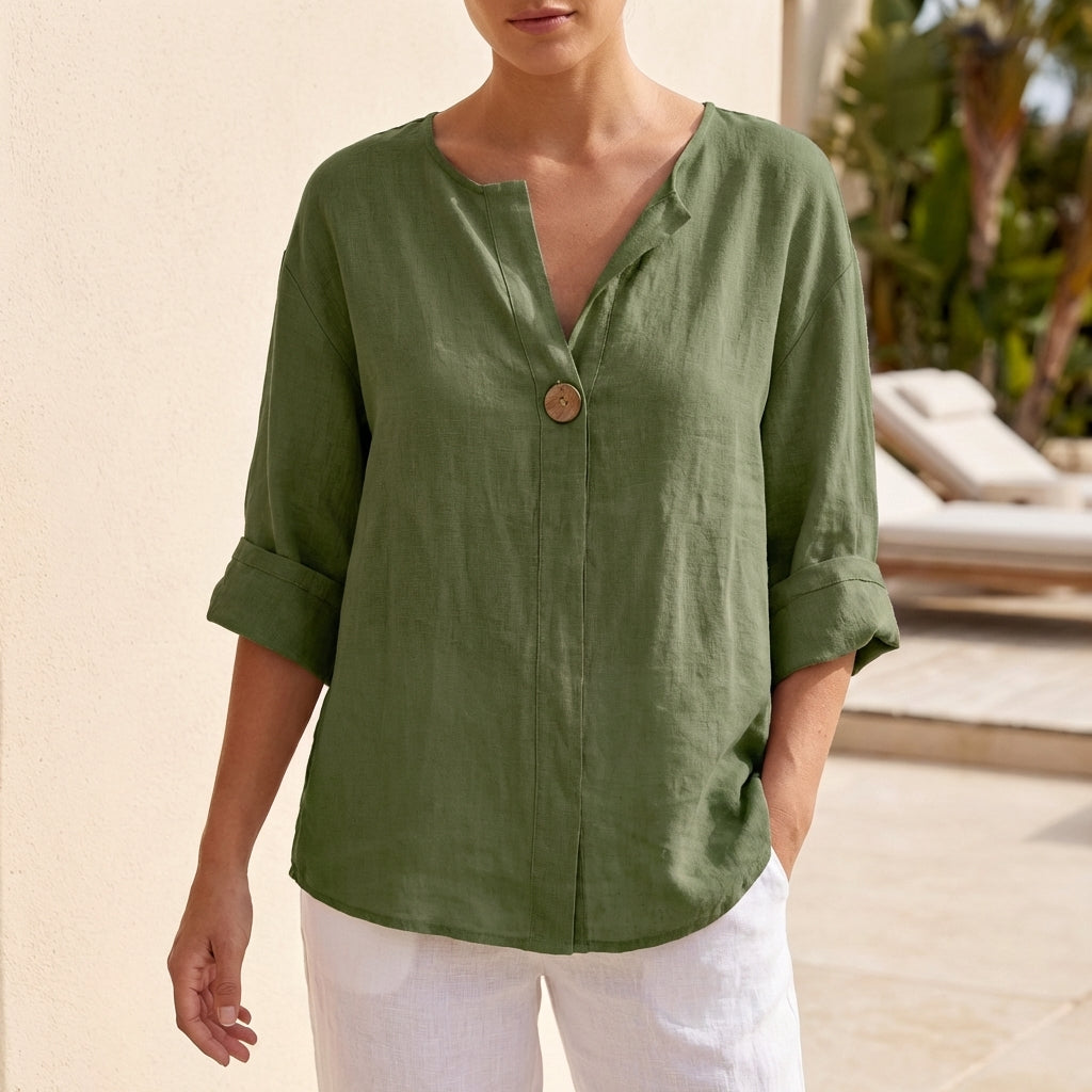 Relaxed Button Front Blouse with Split Neckline and Rolled Sleeves