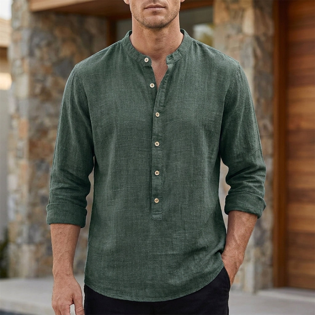 Relaxed Band Collar Linen Blend Shirt with Button Placket