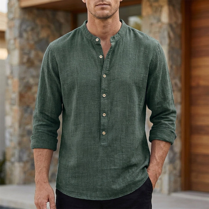 Relaxed Band Collar Linen Blend Shirt with Button Placket