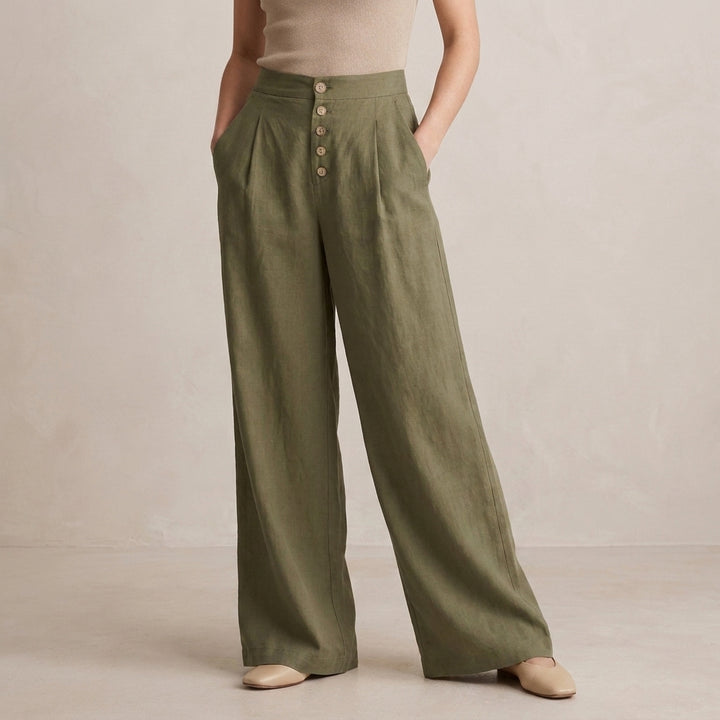 High Waist Wide Leg Trousers with Button Front Detail