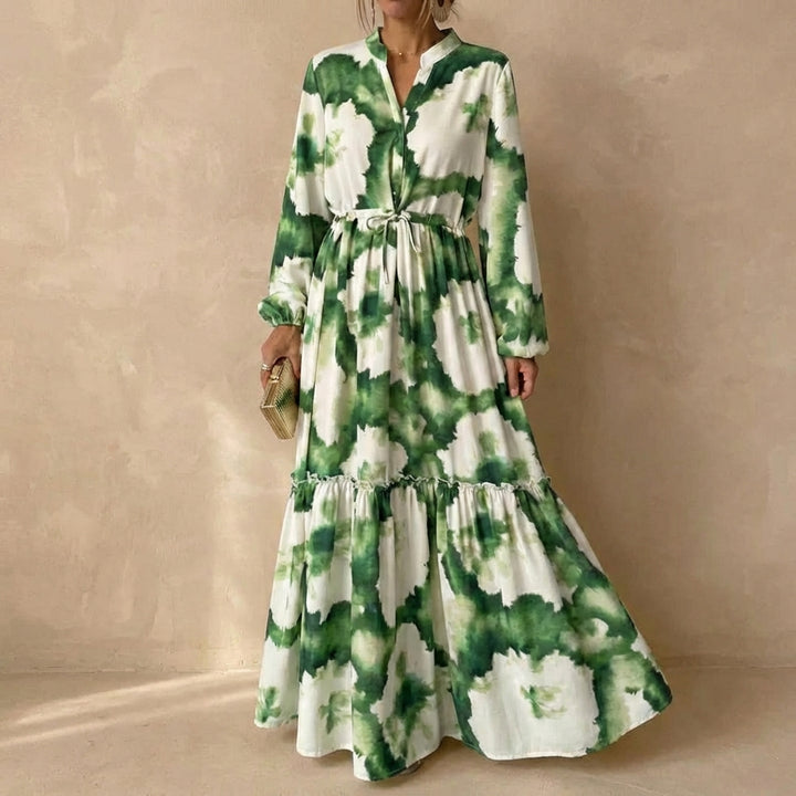 Flowing Maxi Dress with V-Neck, Drawstring Waist, and Tiered Ruffles