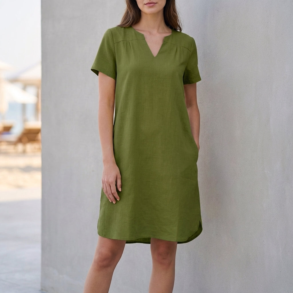 Relaxed V Neck Mini Dress with Rolled Sleeves and Curved Hem