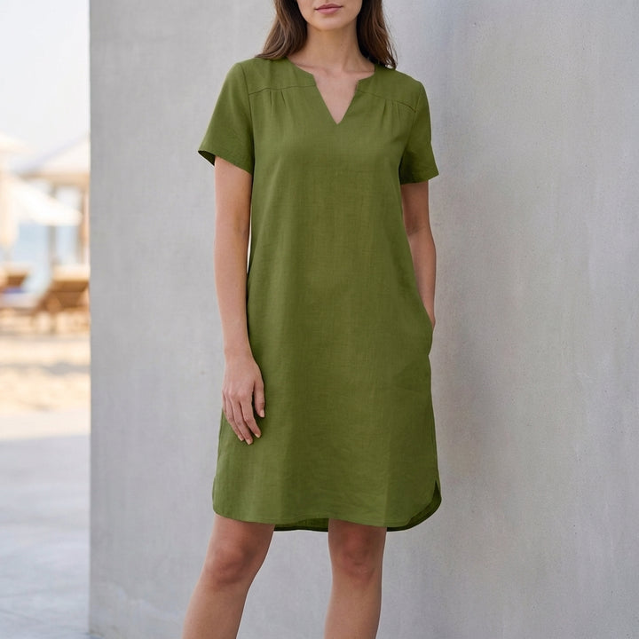 Relaxed V Neck Mini Dress with Rolled Sleeves and Curved Hem