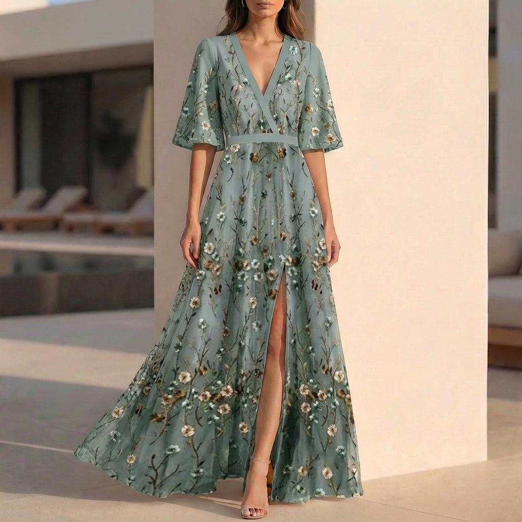Flowing Floral Maxi Dress with Contrast Wrap Bodice and Front Slit