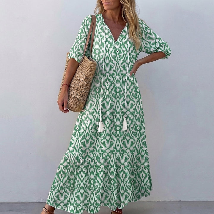 Boho Printed Maxi Dress with Tassel Tie Neck and Tiered Skirt