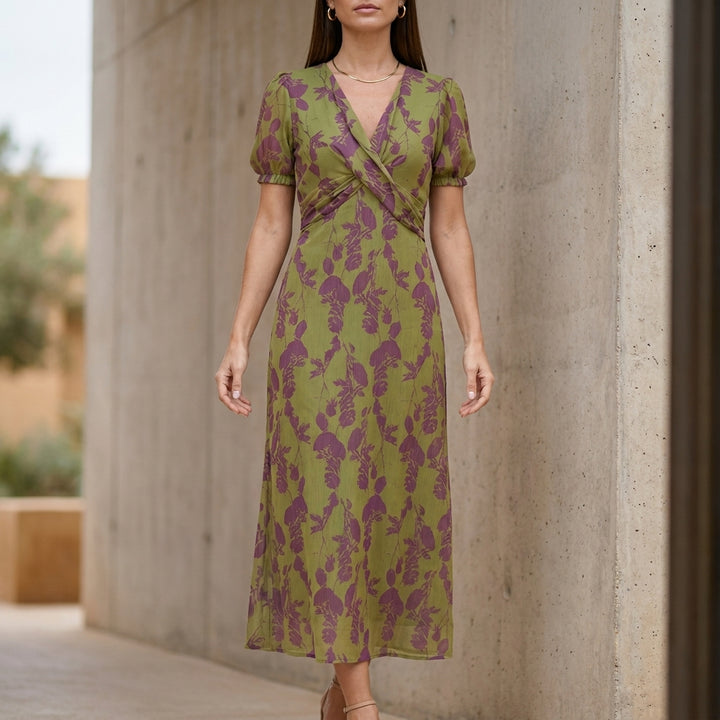 Elegant Floral Maxi Dress with Ruched Wrap Bodice and Puff Sleeves
