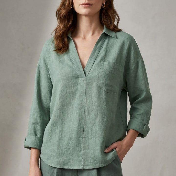 Relaxed Fit Blouse with Soft V Neck and Pocket Detail