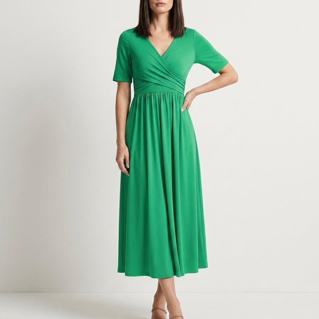 Flowing Wrap Front Midi Dress with Defined Empire Waist