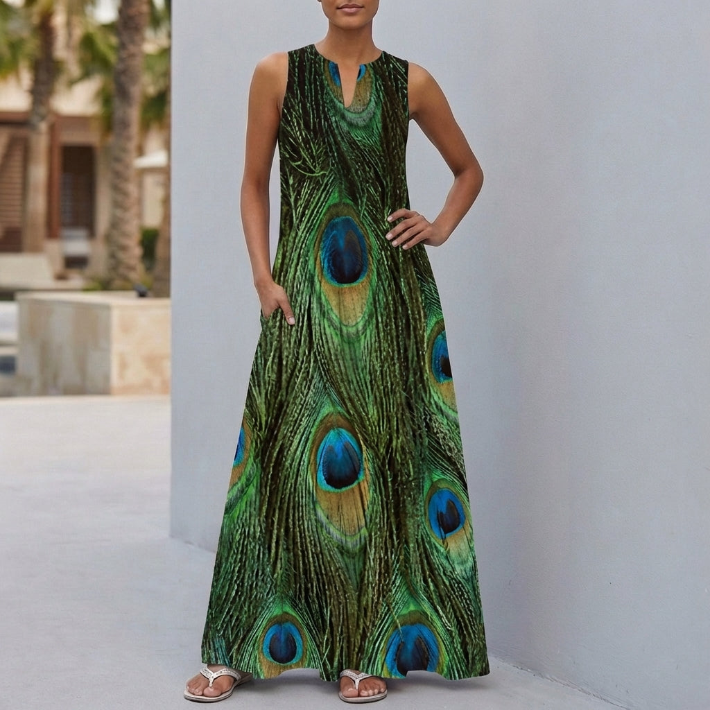 Sleeveless Floral Print Maxi Dress with Notched Neckline and Pockets