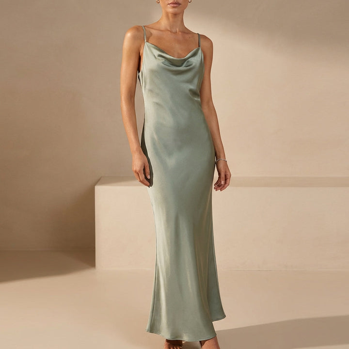 Bias-Cut Cowl Neck Maxi Dress with Delicate Spaghetti Straps